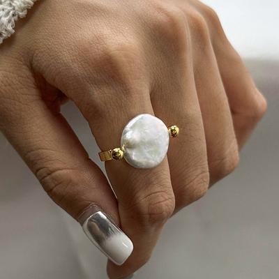 European and American Stainless Steel Button Pearl Glossy Ring Light Luxury Niche Jewelry
