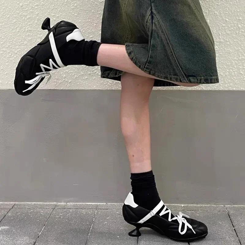 Fashion Designer Heeled Ballet Pumps Women Round Toe Cross Lace Up Strange Shoes Sporty Style Silver Brand Low Heeled Shoes