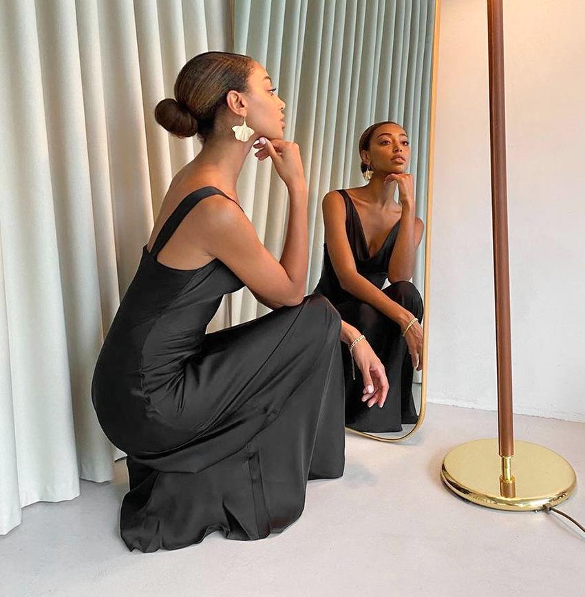 2024 Summer Ice Silk Little Black Dress - Elegant, Sexy Backless Long Skirt