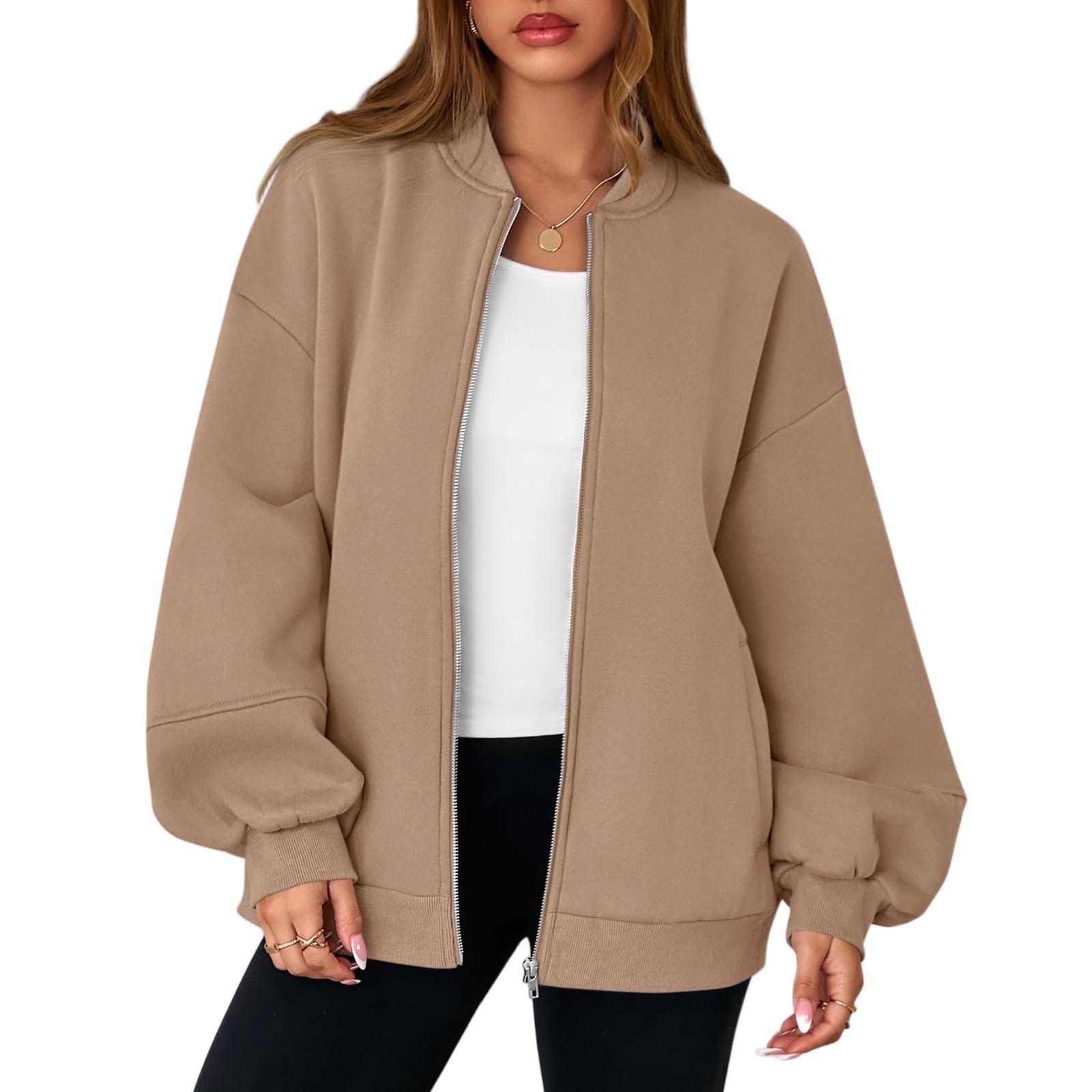 

Женская модная куртка с длинным рукавом, однотонная, с круглым вырезом, свободного кроя оверсайз на молнии L коричневый