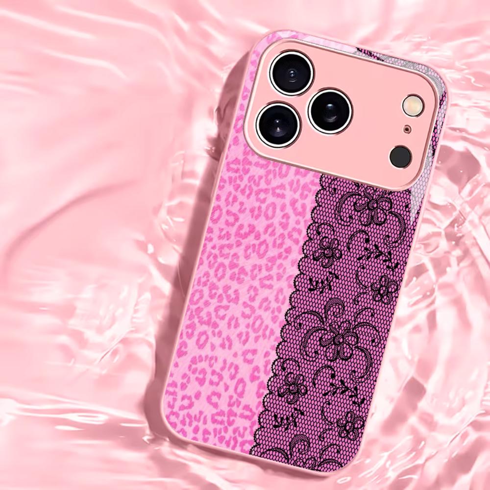 Luxury Pink Leopard & Lace phone case mobile phones for iphone 17 pro max cover Glass for iPhone 17 16 15 14 13 12 11pm Pro Plus