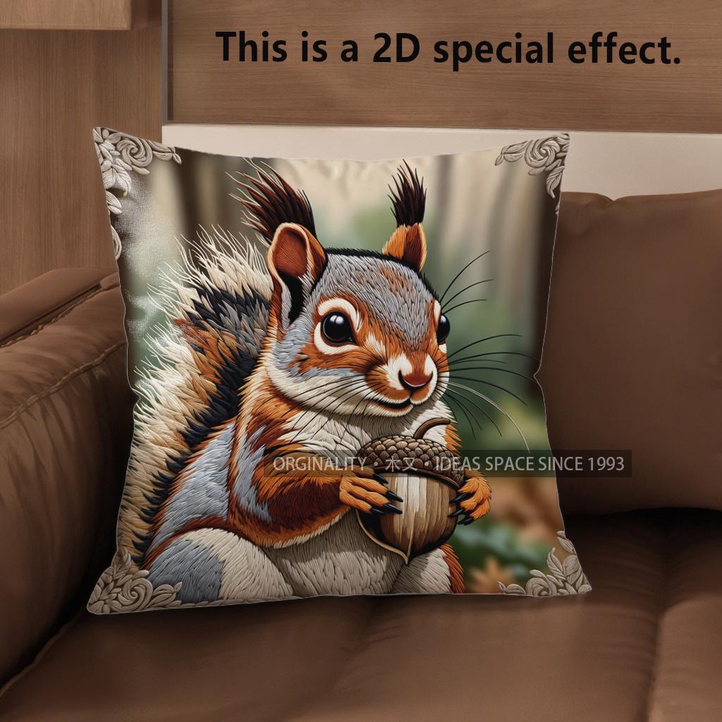 

2D Cute Squirrels Holding Nuts Pillow Covers Pattern Cushion Cover Suitable For Sofa Bedroom Car Pillow Cover 40x40cm