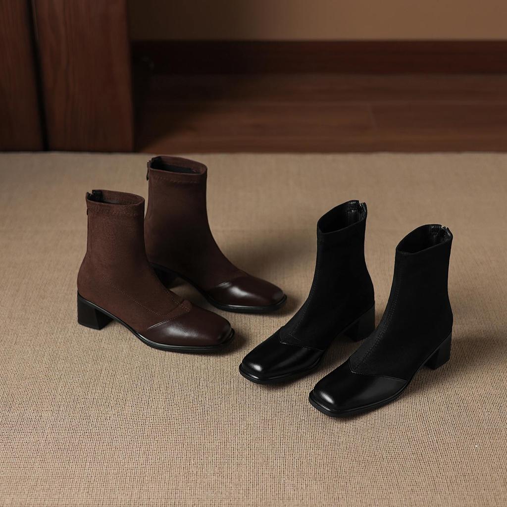 Krazing Pot Microfiber Flock Round Toe Med Heels Elastic Boots Size 43 Slip On Women Patch Work Ankle Boots