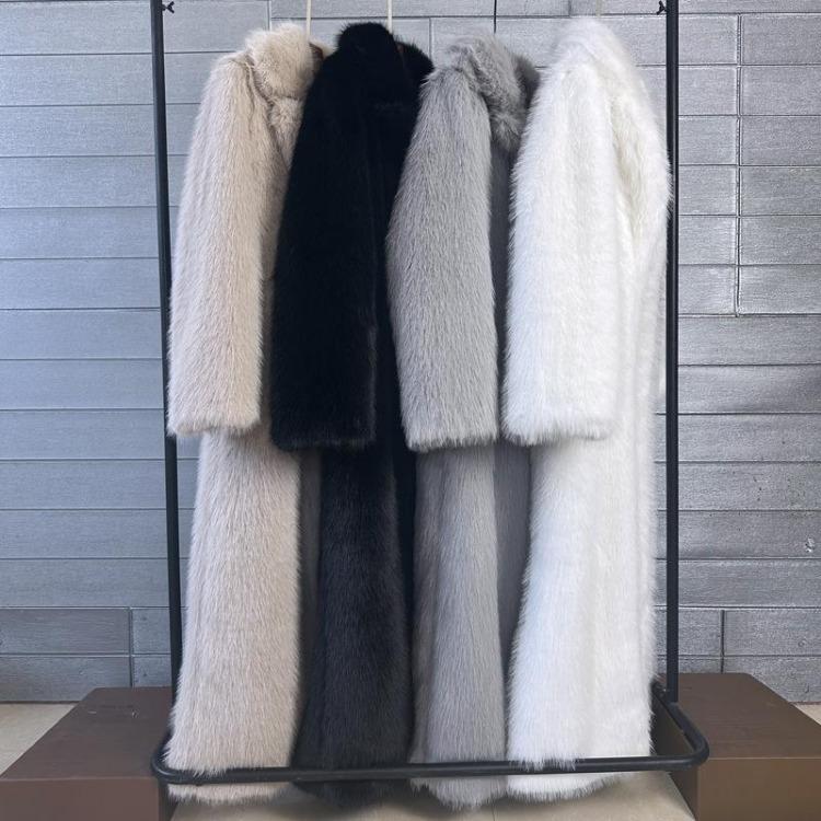 Damen Wintermantel Dick Flauschig Kunstpelz Toka Farbig Verlängerter Anzugkragen Damen Pelzmantel