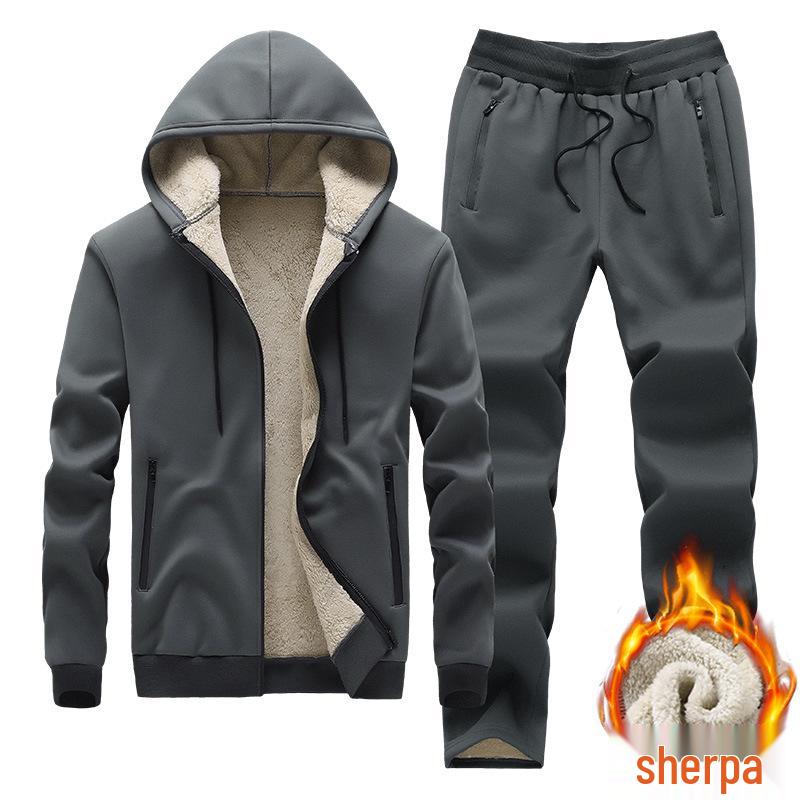 2024 Men's Lambswool Thickened Hoodie and Sweatpants Set for Autumn/Winter