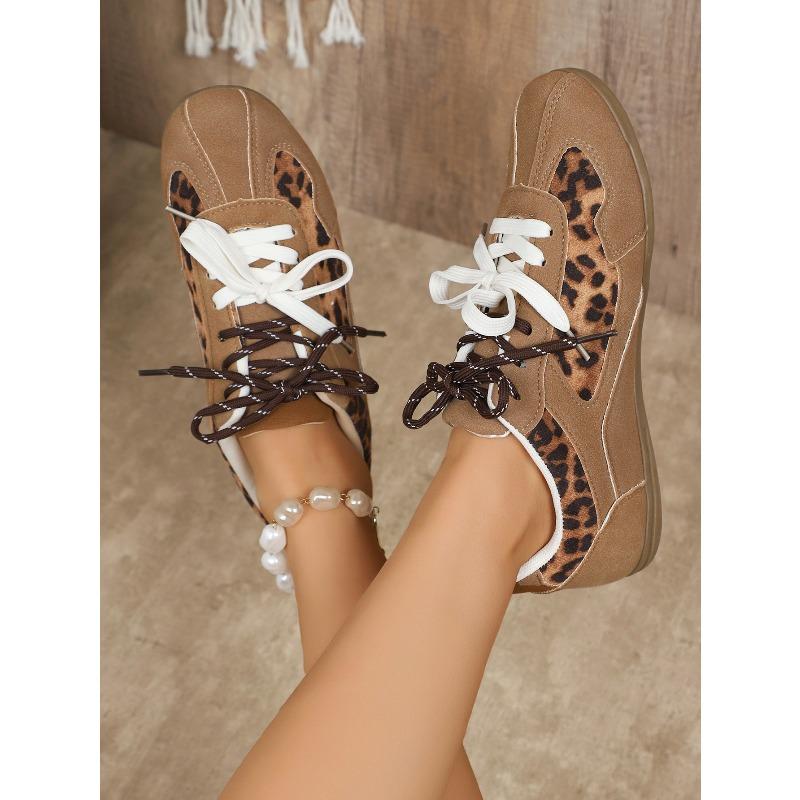 Zapatos Deportivos Casuales Planos de Encaje Bicolor con Estampado de Leopardo, Transpirables para Primavera-Otoño, Calzado Retro Versátil para Mujer.