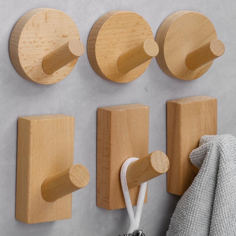Wooden Wall Hooks Wall Mounted Self Adhesive Wood Hook with Glue Heavy Duty Hangers Rack for Towel Key Hat Home Organizer Holder
