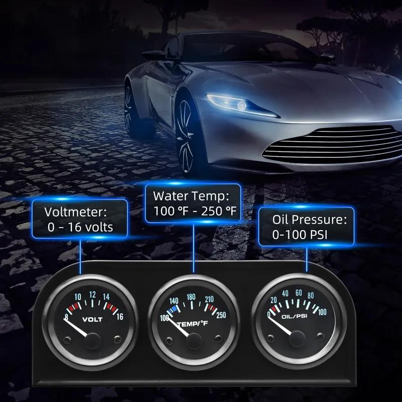 2'' 52mm 3 in 1 LED Back-lit Gauges Voltmeter Water  Oil Pressure Oil temperature Electrical Gauge 3 in 1 Kit Meter