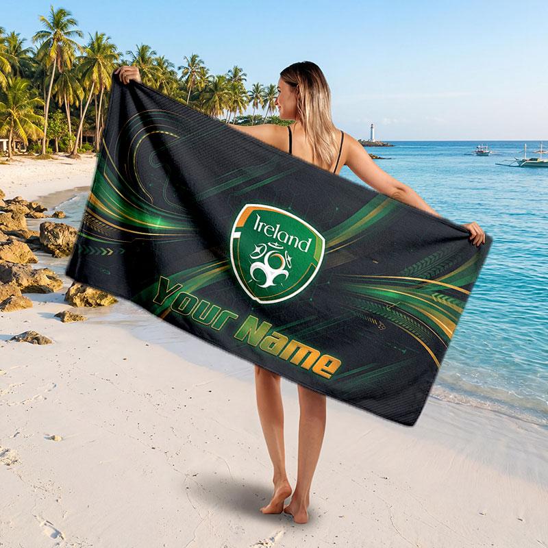 Ireland Rugby Customized Name Text Beach Towel, Soft Absorbent Towel Beach Pool Travel Personal Gift