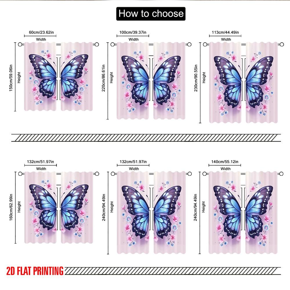Set Of 2 Flat Printing Party Curtains Sparkle Butterfly Flower Floral Digital Printed Polyester Drapes Festive Wall Decor Curtain