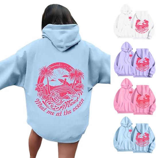 Damska bluza z kapturem na jesień i wiosnę Everything Comes in Waves w kolorze różowym z długim rękawem