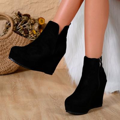 Damen Wildleder Keil Stiefeletten, Seitlicher Reißverschluss Plateau Winter Stiefeletten, Europäischer Stil Dicke Sohle Schuhe für Damen