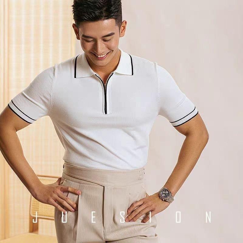 

Легкая дышащая футболка из ледяного шелка для мужчин, летняя тонкая приталенная футболка-поло с коротким рукавом, на молнии до середины, с отложным воротником 3XL белый