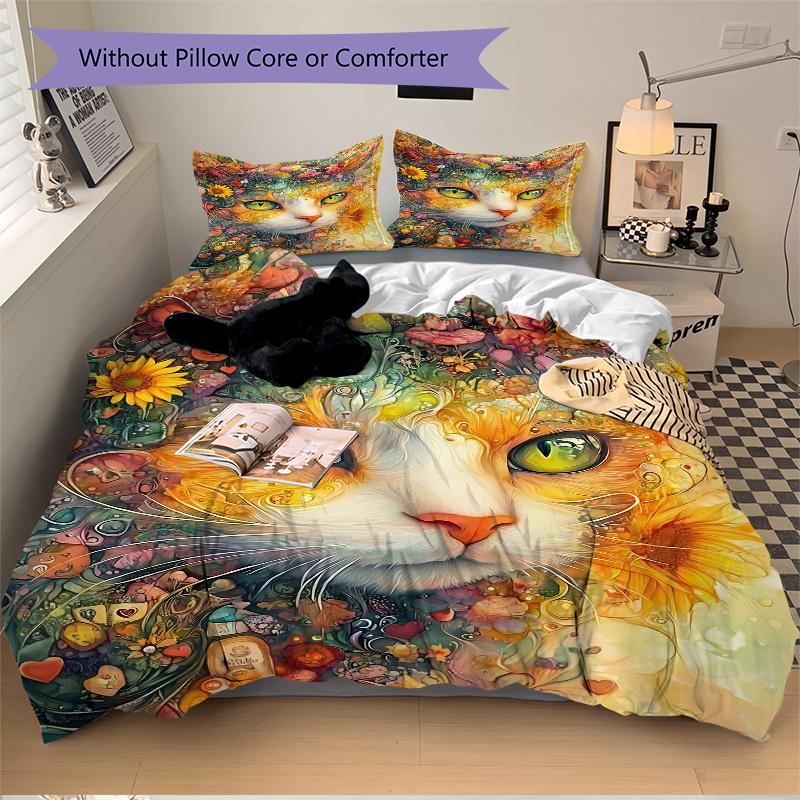 3pcs Noble Cat Art Design Bedding Set - 1 Soft Quilt Cover + 2 Pillowcases, Machine Washable - Suitable for All Seasons, Perfect Gift for Fa