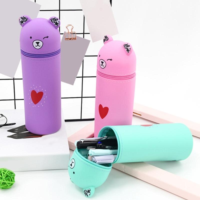 Cartoon Bear Pen Bag Large Compartment Zippered Silicone Pencil Case Standing Up Pen Holder Pencil Bag Gift for Student