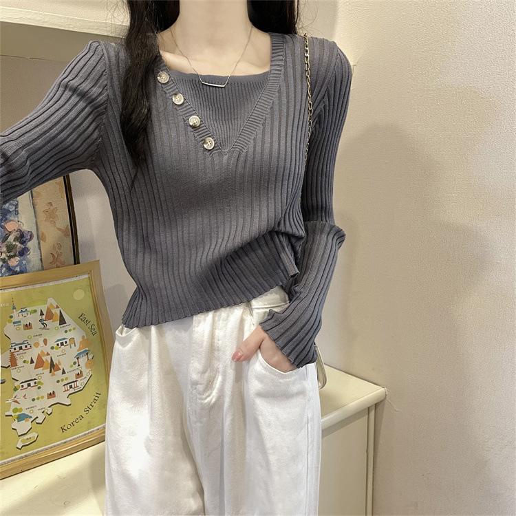 Fake two-piece knitted sweater women's autumn and winter 2025 new slim-fit versatile gentle wind square neck sweater