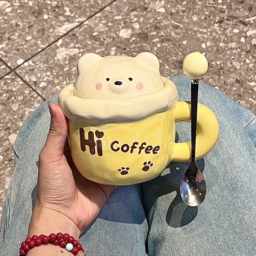 High-value Bear Mug with Lid Spoon, Cute Ceramic Water Cup for Girls' Birthday Gift, Cup Companion Gift