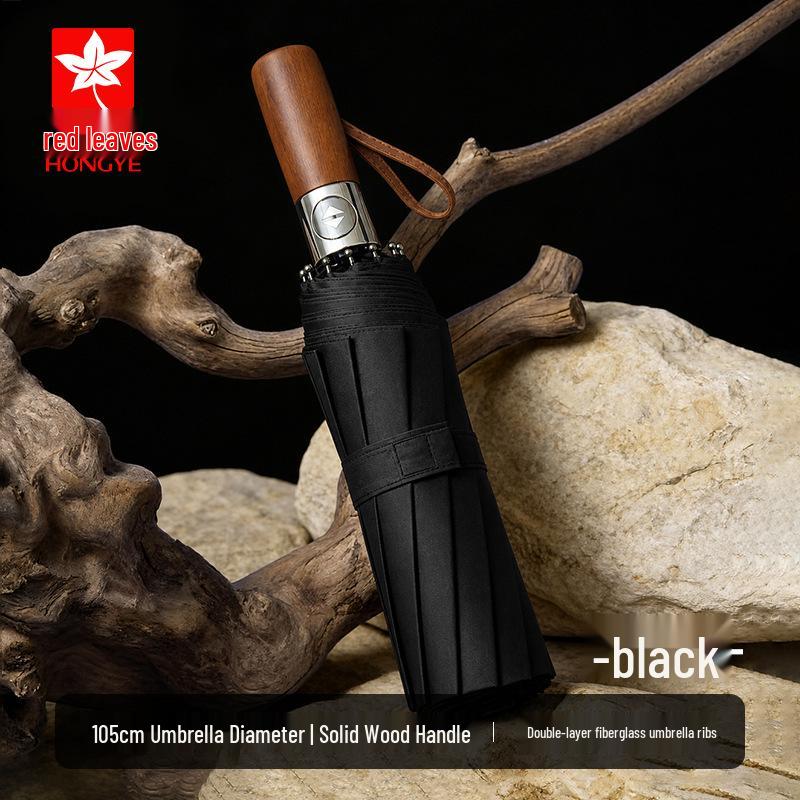 Red Leaf Dual-Use Sun & Rain Umbrella with Solid Wood Handle, Black Glue UV Protection, Large Size for Men & Women