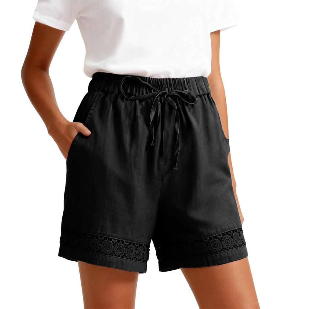 Women’s Elastic Waist Casual Shorts with Drawstring and Lace Trim Loose Fit Lightweight Summer Bottoms