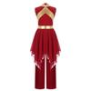 Praise Dance Costume for Kids Girls: Asymmetrical Sleeveless Metallic Dress & Comfortable Wide-Leg Pants with Elastic Waist
