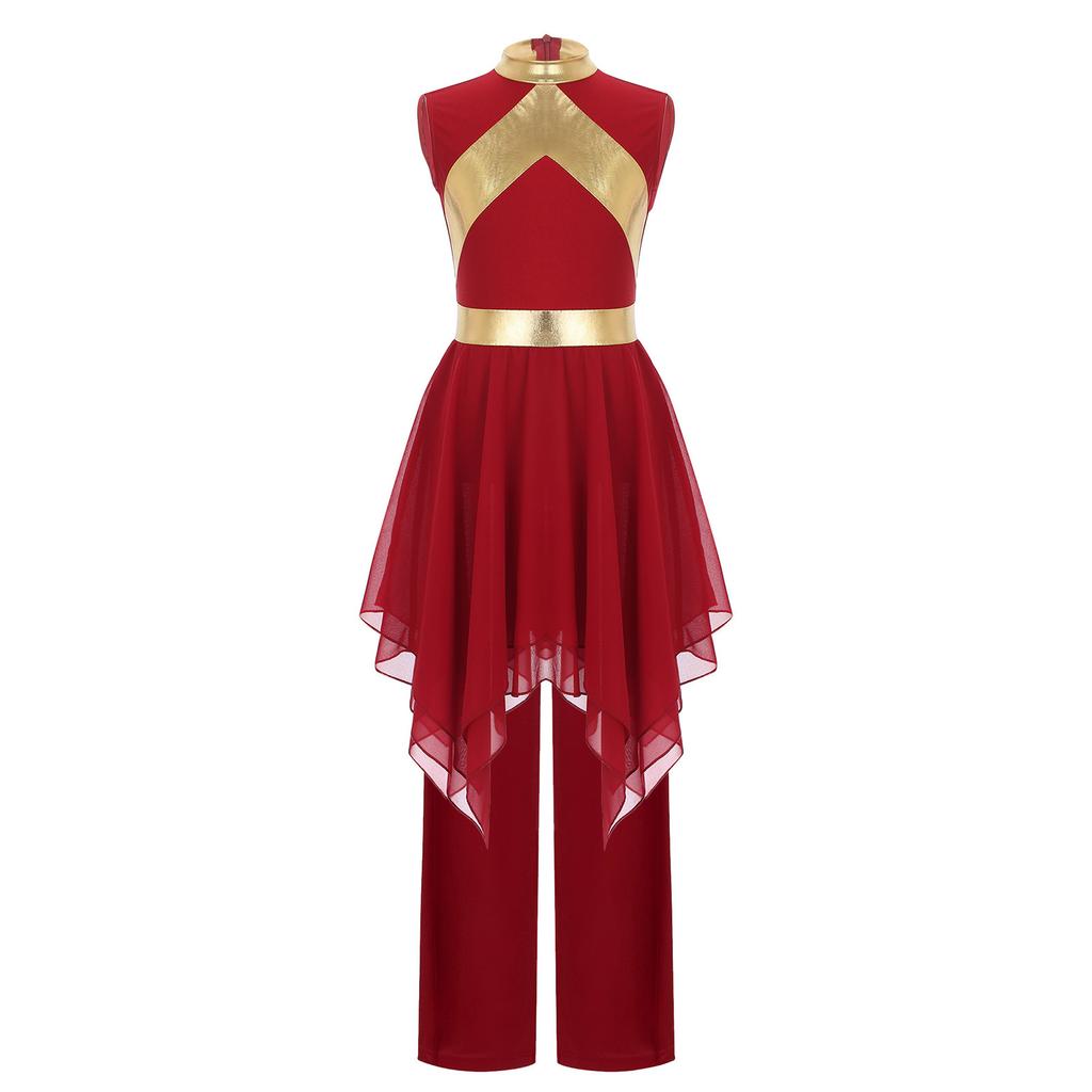 Praise Dance Costume for Kids Girls: Asymmetrical Sleeveless Metallic Dress & Comfortable Wide-Leg Pants with Elastic Waist