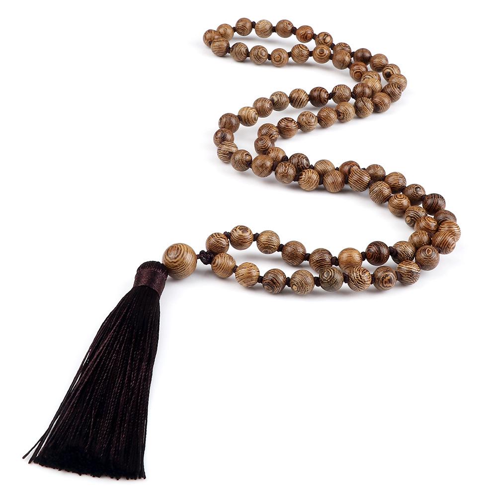 European 8mm Stone Bead Tassel Necklace and Multi-Strand Buddhist Bead Bracelet