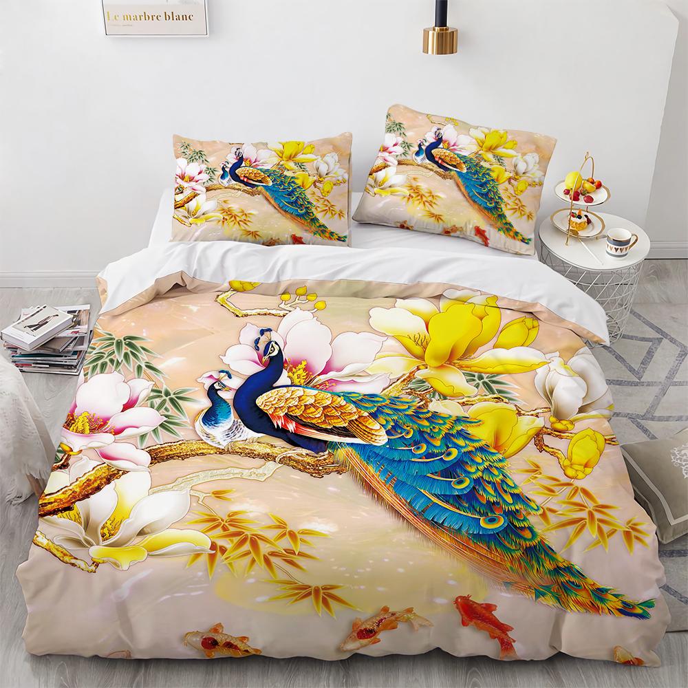 Juego de Funda Nórdica de Pavo Real Microfibra Preciosa Pluma Azul Funda de Edredón Flor Rosa Suave 2/3 Piezas Aves Tema Animal Funda de Edredón