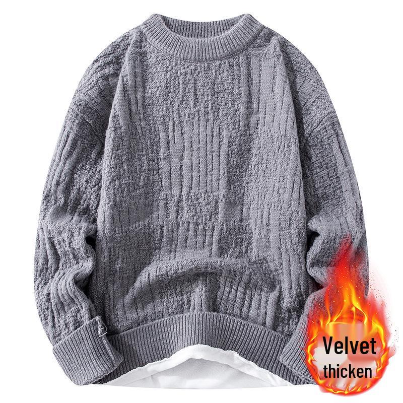Men's Plush Velvet Round Neck Sweater: Versatile, Casual Autumn/Winter Knitwear, Simple Solid Color, Trendy Inner Wear.
