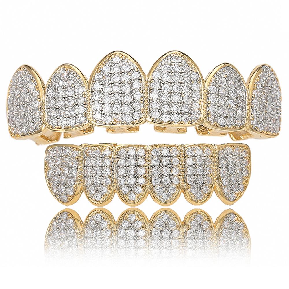 Ice Out Hip Hop Gold Teeth Jewelry Grillz Mouth Teeth Caps Top & Bottom Diamond Zircon Tooth Set Mens Women Vampire Upper teeth