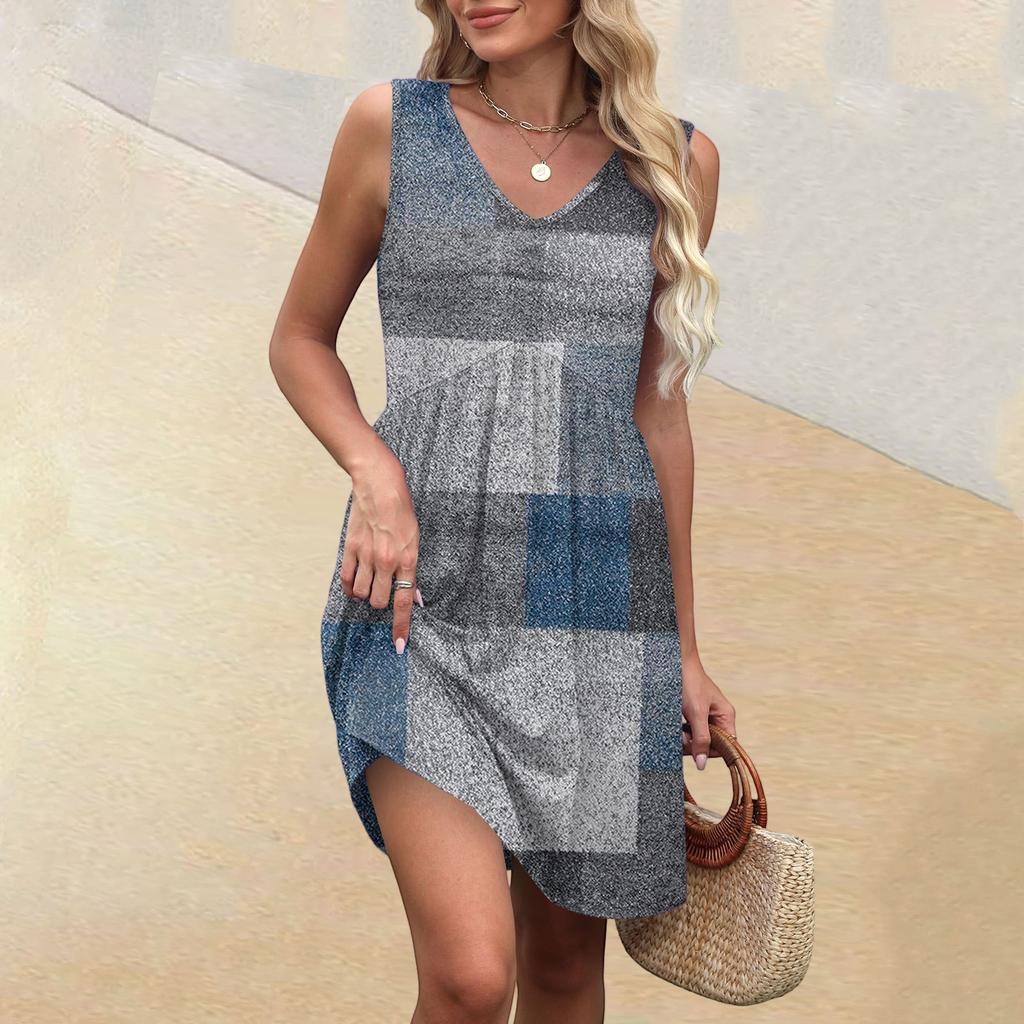Women's Summer V-neck Casual Beach Vacation Style Striped Printed Sleeveless Patchwork Dresses