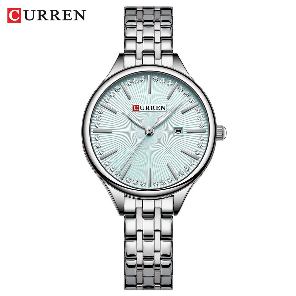 CURREN-Ladies' Luxury Rhinestone Inlaid Fashionable Business Quartz Watch Stainless Steel Simple Waterproof Luminous Calendar Watch