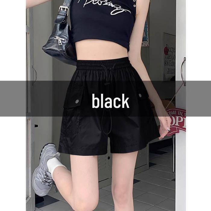 

Женские повседневные шорты с эластичной талией в гонконгском стиле 2025 - летние утягивающие широкие штаны 5/8 L чёрный