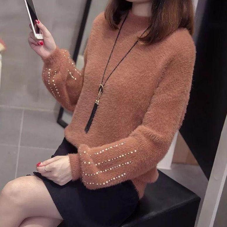 Fuzzy svetr pro ženy Svetr z imitace norkového sametu Dámský svetr s korálky Spodní část košile Korejské mohérové ​​svetry s dlouhým rukávem a dlouhým rukávem
