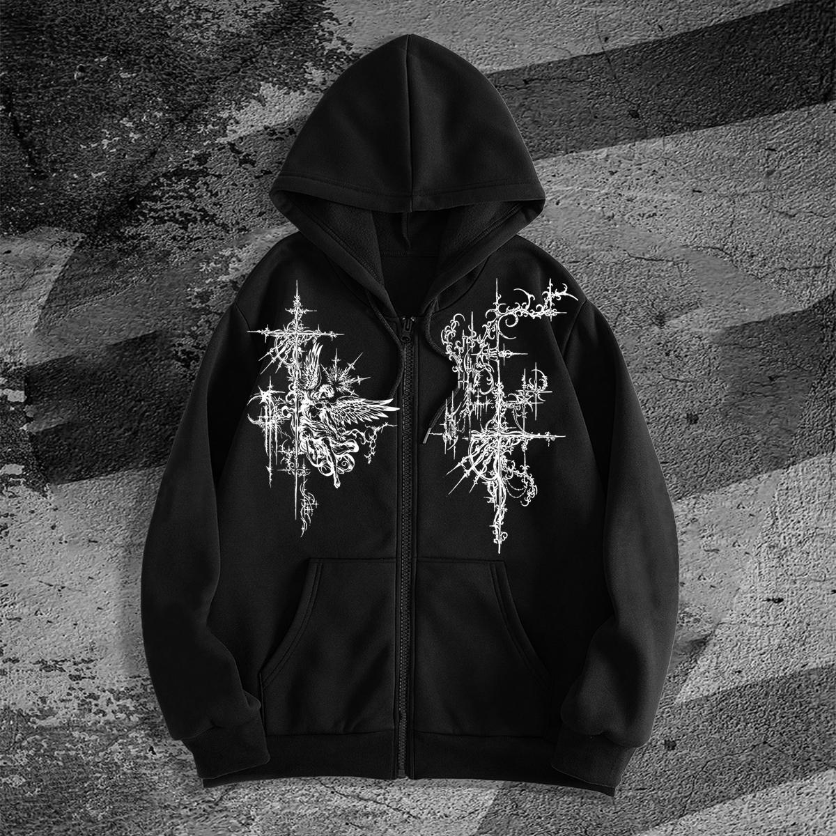 Zip-Up Hoodie-Men s Fleece Full-Zip Hoodie, Hooded Sweatshirt, High-Street Subculture Oversized Unisex Jacket L чёрный