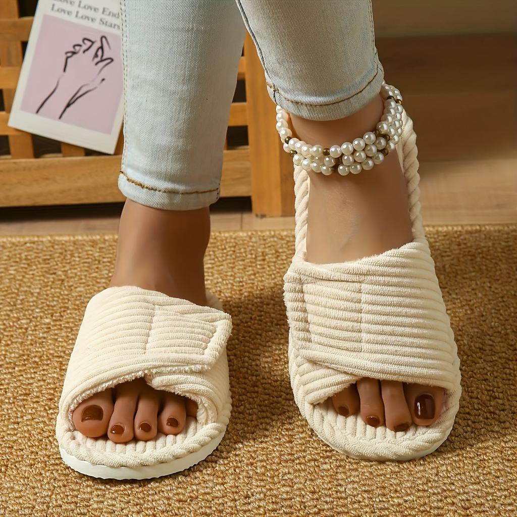 Women's Cozy Striped Corduroy Open Toe House Slippers - Adjustable Velcro Strap, Soft Plush Non-Slip Indoor Slides