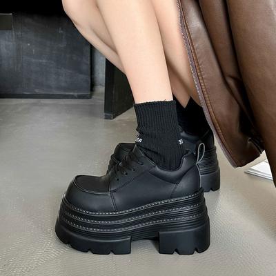 Small Muffin Black Single Shoes Women's Spring New British Style Platform Lace-up Small Leather Shoes