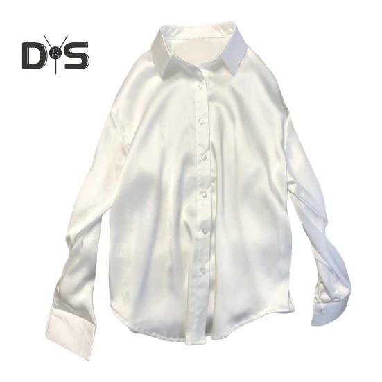 

Женская рубашка с лацканами, длинный рукав, повседневная рубашка для поездок на работу, однотонная свободная посадка, гладкая атласная офисная рубашка, повседневная одежда S белый