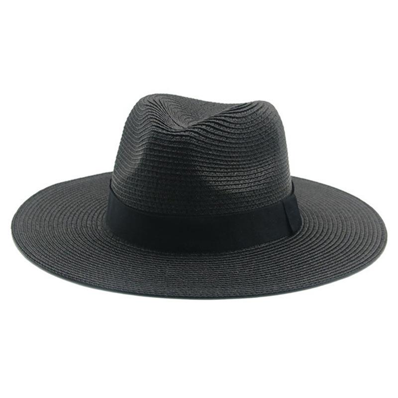 Black Ribbon Panama Straw Hat Flat Eaves Outdoor Spring and Summer Sunshade Beach Hats for Women