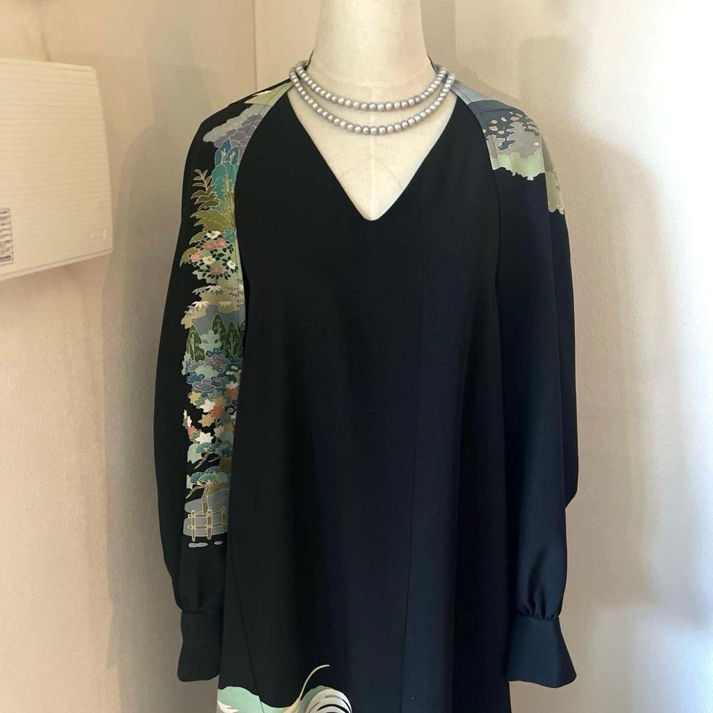 Used No.329 Original Work Black Tomesode Remake Bud Bolero & Stole M~2L Size Length 50