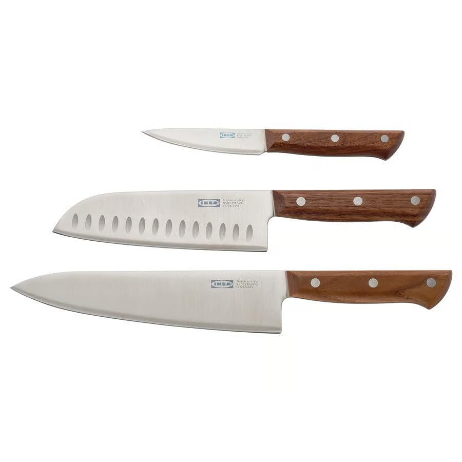 IKEA VARDAGEN 3-piece Knife Set In Stainless Steel and Walnut (m90602474)