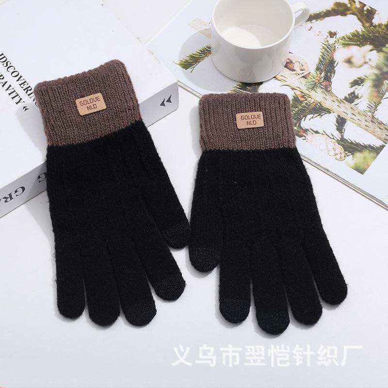 Fleece thickened warm and cold-proof five-finger gloves, riding fleece students winter windproof jacquard knitted gloves