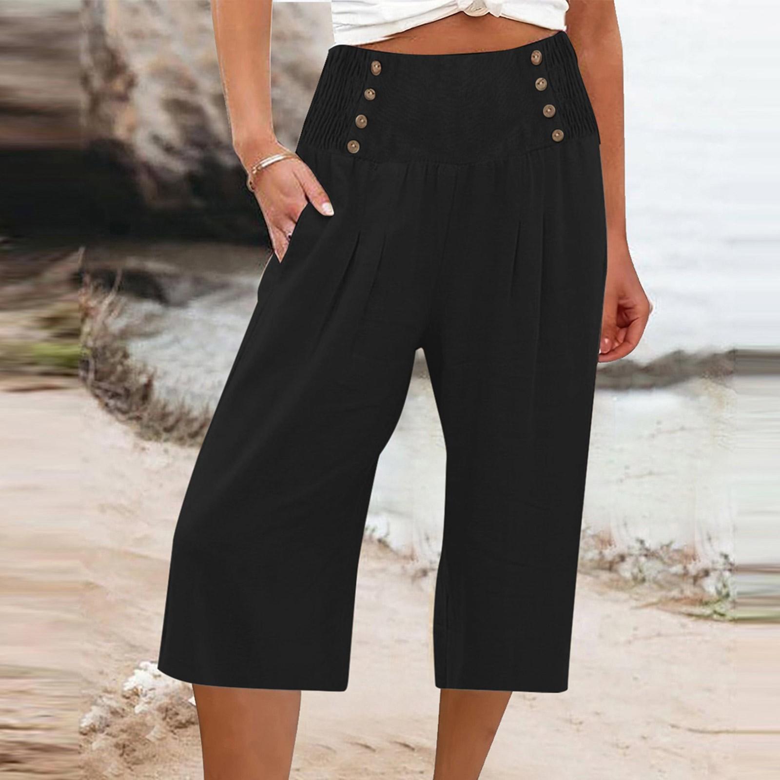

Женские летние модные повседневные укороченные брюки с эластичной резинкой на талии, модная курортная одежда, брюки для пляжного отдыха L чёрный