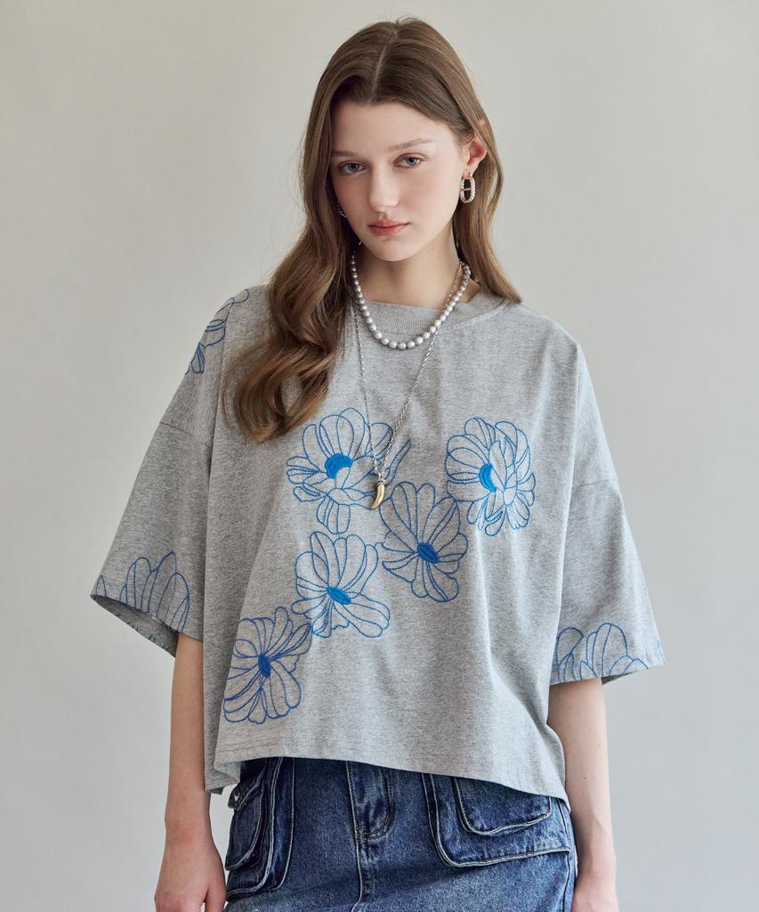 MAXZA Flower Embroidered Loose Fit Short Sleeve T-Shirt