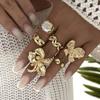 Crystal Pearl Flower Heart Exaggerated Geometric Rings Set Multi Layer Stacking Jewelry for Women Girls Gold Plated Gift