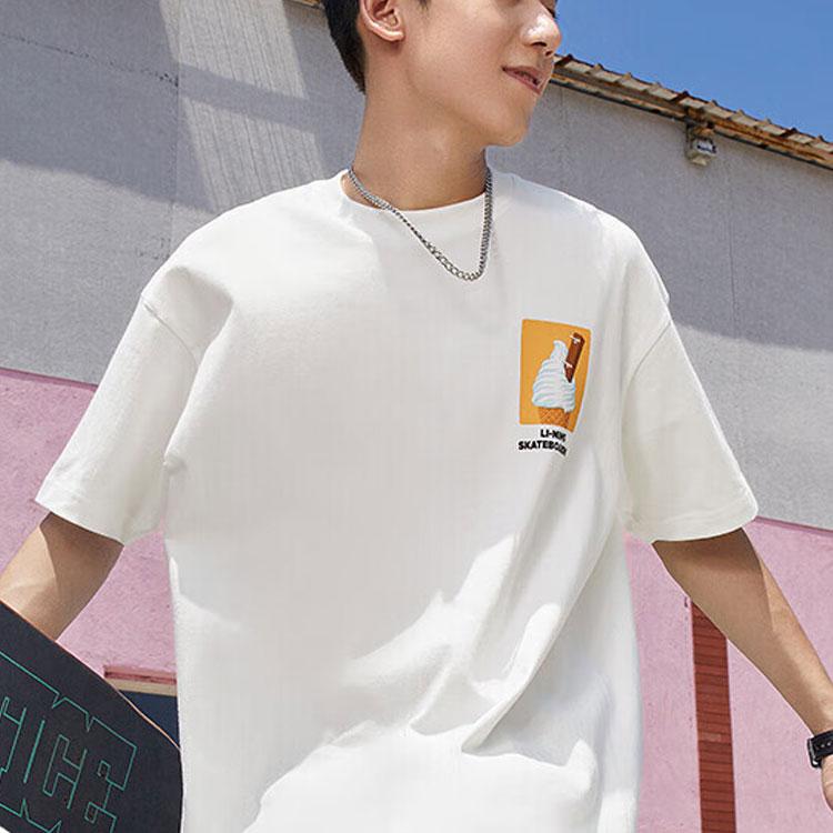 Li-Ning X Phil Hackett Artistic Collaboration Series With Cartoon Print Round Neck Loose Short Sleeve T-Shirt Unisex Tops Milk-White AHSS859-2