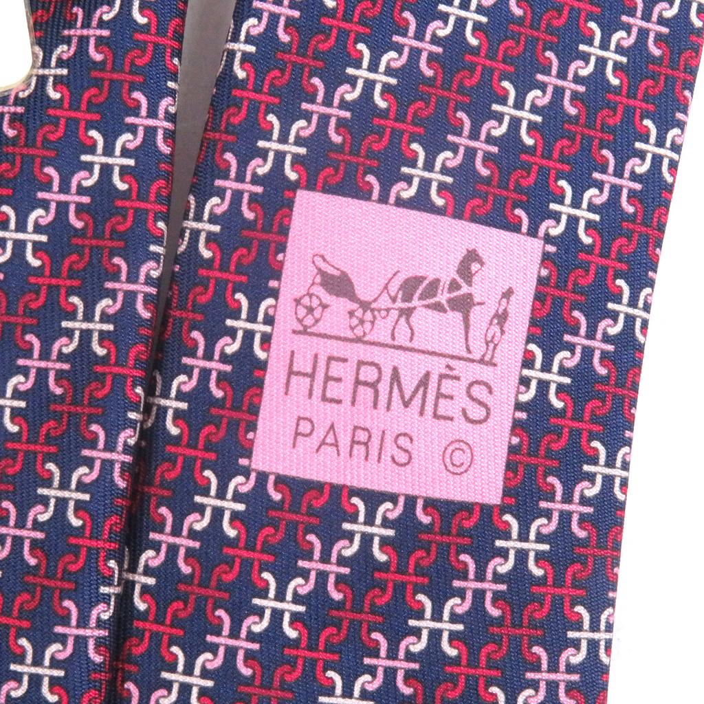 Pristine HERMES Tie PARENTHESES H Logo All-over Pattern Marine Rose Bron Used