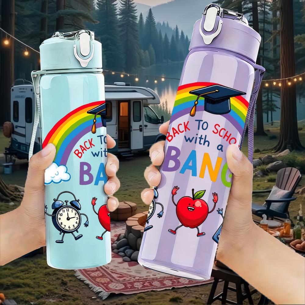 1PC Rainbow Clock Robot Quote Text 750ml Color Plastic Water Bottle Leakproof Flip Straw Lid For Sports Office Home Use