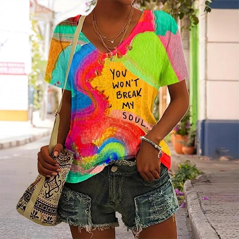Womens V-Neck Short Sleeve T-Shirt With 3D Printed Striped Loose Fit Casual Chic Top 2025