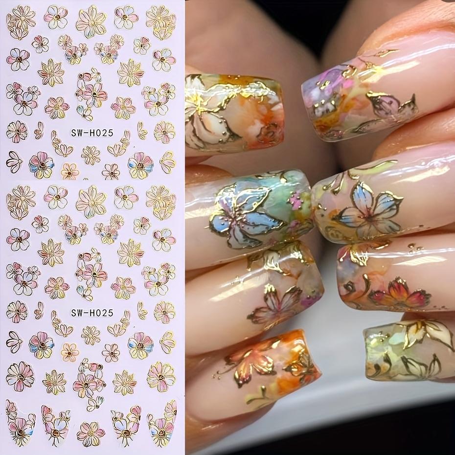 5D Nail Stickers Glitter Golden Dasiy Flowers Geometric Lines Decor Acrylic Embossed Sliders Golden Frame Spring Nail Decals Cherry Blossom Manicure