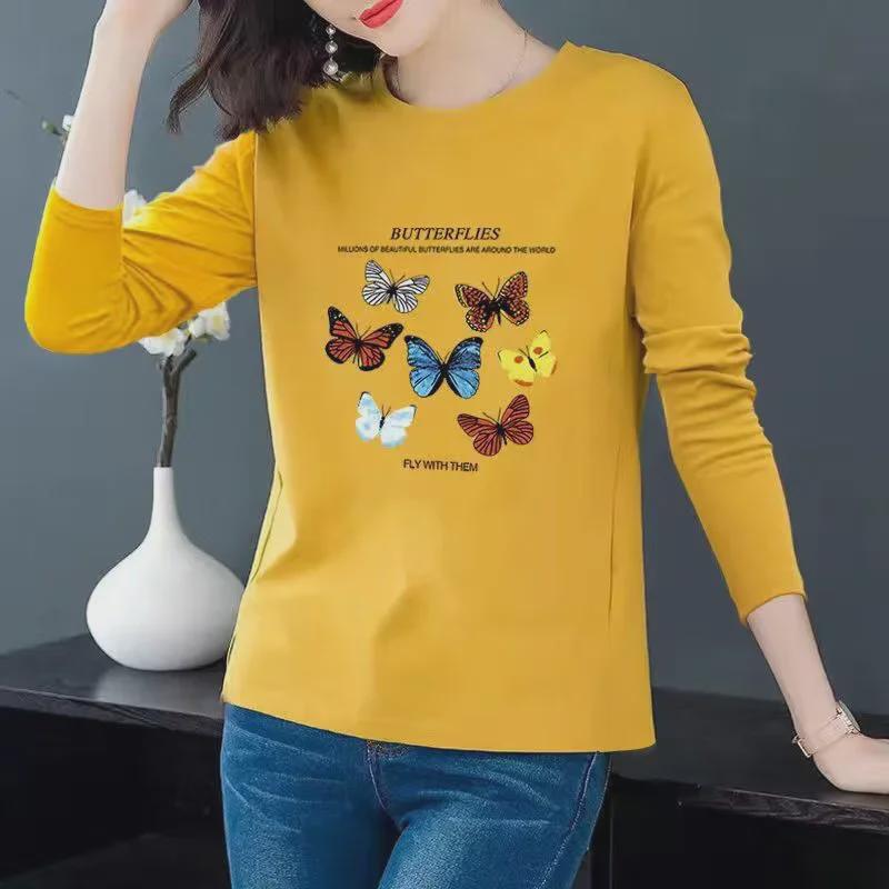 Women's Autumn 2025 Loose-Fit Printed Long-Sleeve T-Shirt - Korean Style for Middle-Aged Women
